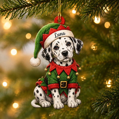 Personalized Cool Sitting Dalmatian Dog with ELF Costume Wood & Acrylic Ornament – Christmas Gift - mockup 1
