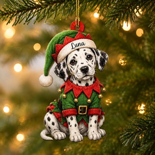 Personalized Cool Sitting Dalmatian Dog with ELF Costume Wood & Acrylic Ornament – Christmas Gift - mockup 1