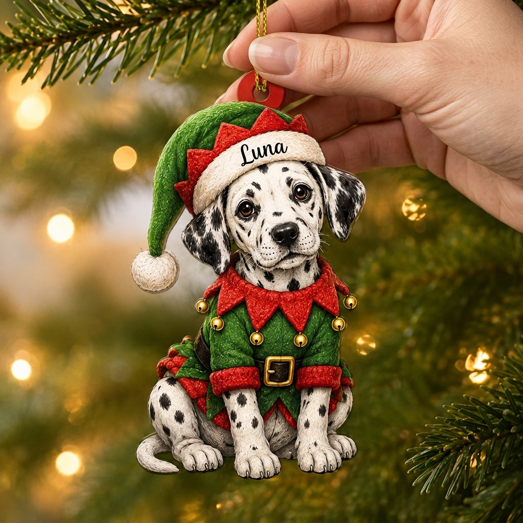 Personalized Cool Sitting Dalmatian Dog with ELF Costume Wood & Acrylic Ornament – Christmas Gift - mockup 2