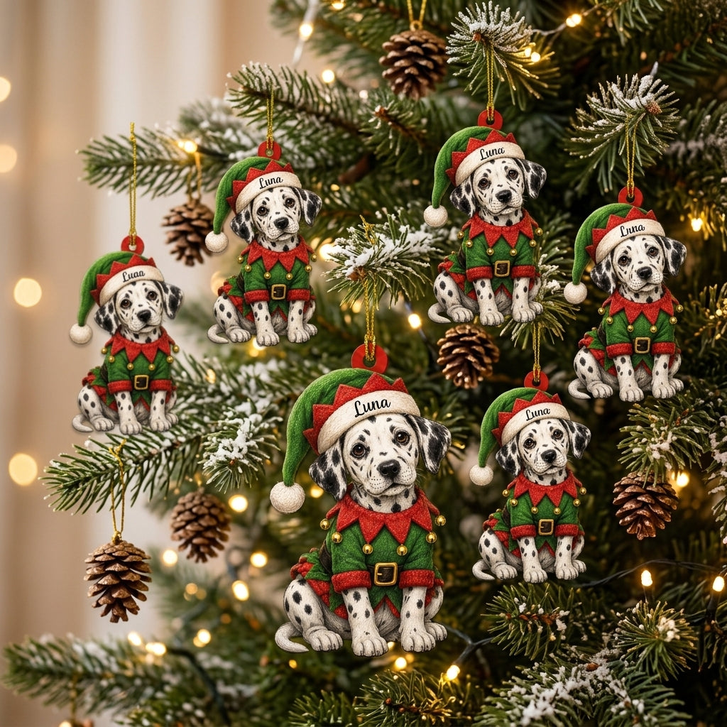 Personalized Cool Sitting Dalmatian Dog with ELF Costume Wood & Acrylic Ornament – Christmas Gift - mockup 3