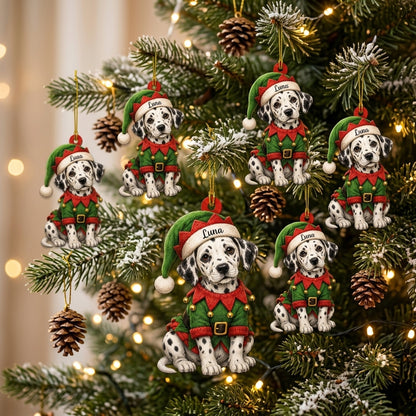 Personalized Cool Sitting Dalmatian Dog with ELF Costume Wood & Acrylic Ornament – Christmas Gift - mockup 3