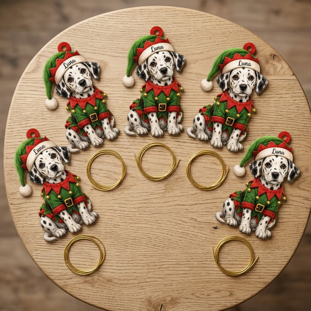 Personalized Cool Sitting Dalmatian Dog with ELF Costume Wood & Acrylic Ornament – Christmas Gift - mockup 4