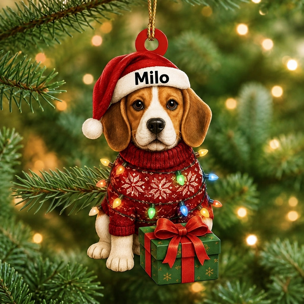 Personalized Cute Sitting Beagle Dog with Christmas Gift Box Wood & Acrylic Ornament - mockup 1