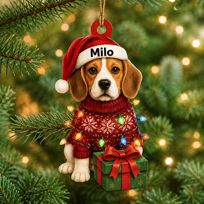 Personalized Cute Sitting Beagle Dog with Christmas Gift Box Wood & Acrylic Ornament - mockup 1