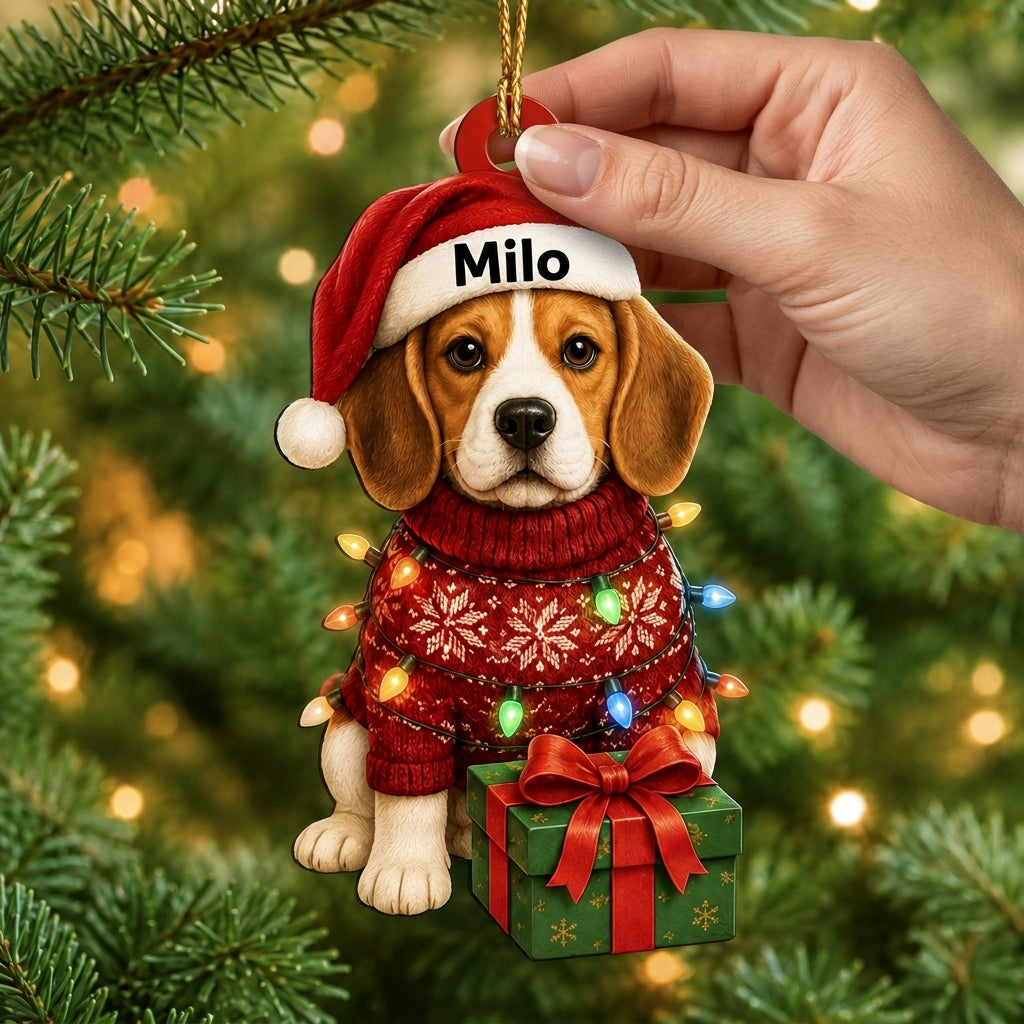 Personalized Cute Sitting Beagle Dog with Christmas Gift Box Wood & Acrylic Ornament - mockup 2