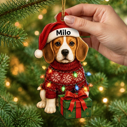 Personalized Cute Sitting Beagle Dog with Christmas Gift Box Wood & Acrylic Ornament - mockup 2