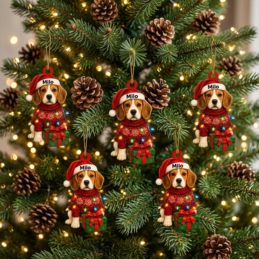 Personalized Cute Sitting Beagle Dog with Christmas Gift Box Wood & Acrylic Ornament - mockup 3