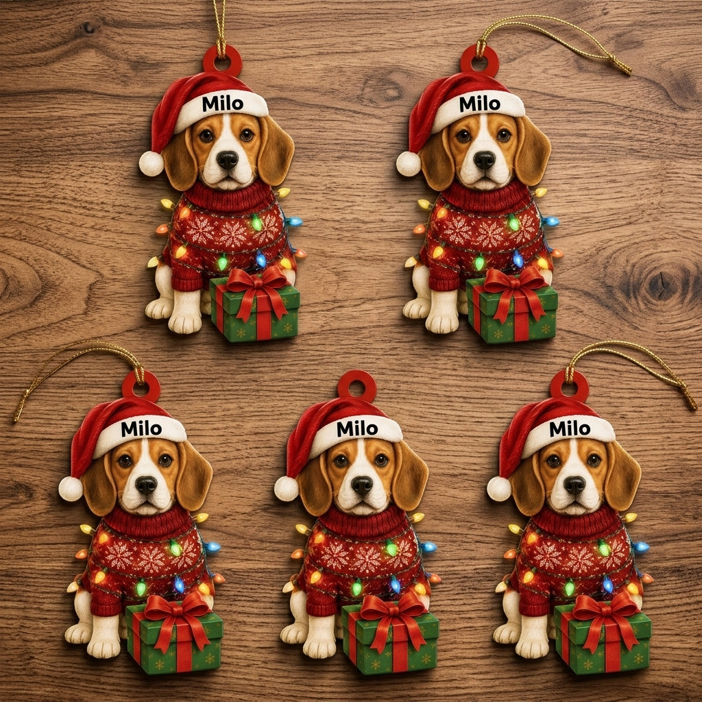 Personalized Cute Sitting Beagle Dog with Christmas Gift Box Wood & Acrylic Ornament - mockup 4