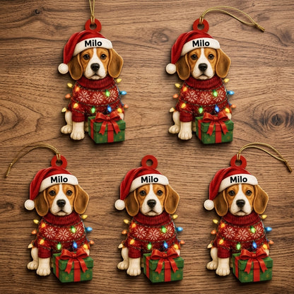 Personalized Cute Sitting Beagle Dog with Christmas Gift Box Wood & Acrylic Ornament - mockup 4