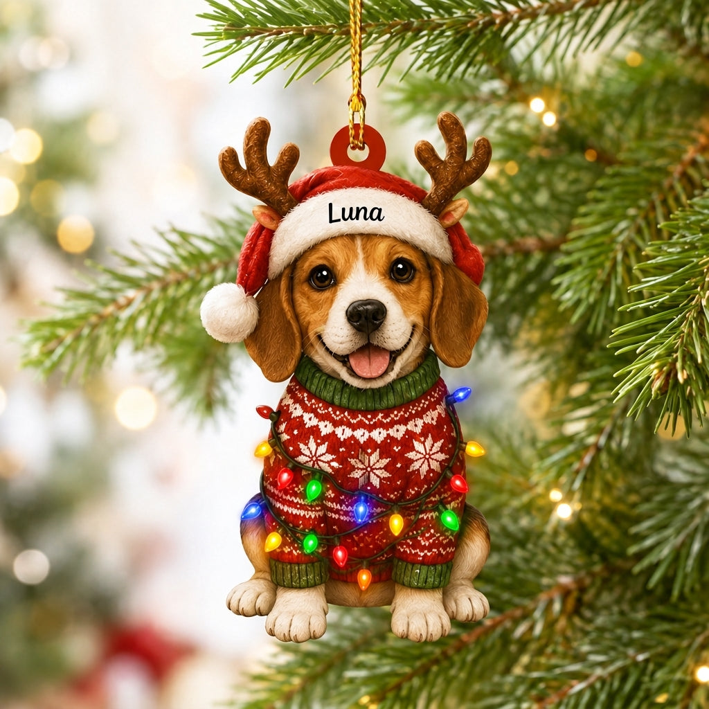 Personalized Cute Sitting Beagle Dog with Santa Hat and Reindeer Antlers Wood & Acrylic Ornament - mockup 1