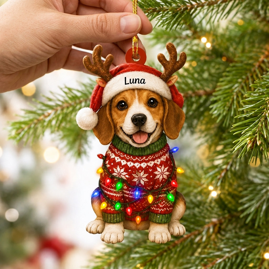 Personalized Cute Sitting Beagle Dog with Santa Hat and Reindeer Antlers Wood & Acrylic Ornament - mockup 2