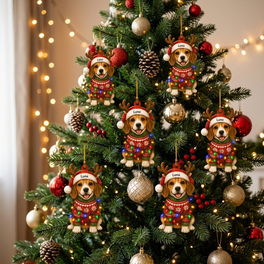 Personalized Cute Sitting Beagle Dog with Santa Hat and Reindeer Antlers Wood & Acrylic Ornament - mockup 3
