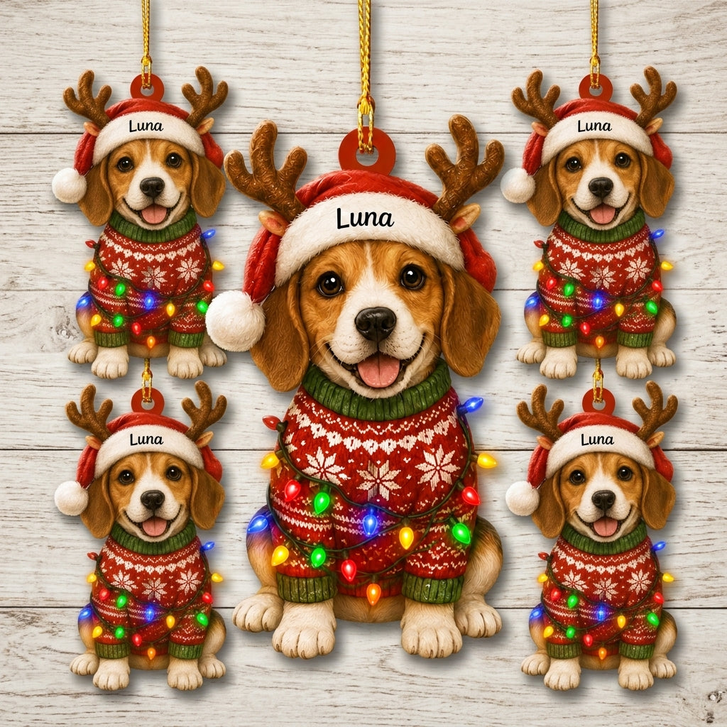 Personalized Cute Sitting Beagle Dog with Santa Hat and Reindeer Antlers Wood & Acrylic Ornament - mockup 4