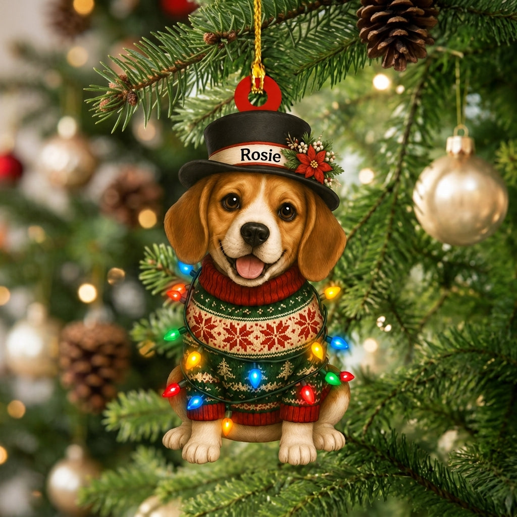 Personalized Cute Sitting Beagle Dog with Snowman Hat Wood & Acrylic Ornament – Holiday Gift - mockup 1