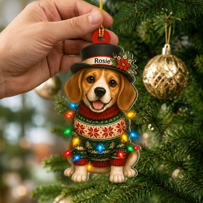 Personalized Cute Sitting Beagle Dog with Snowman Hat Wood & Acrylic Ornament – Holiday Gift - mockup 2