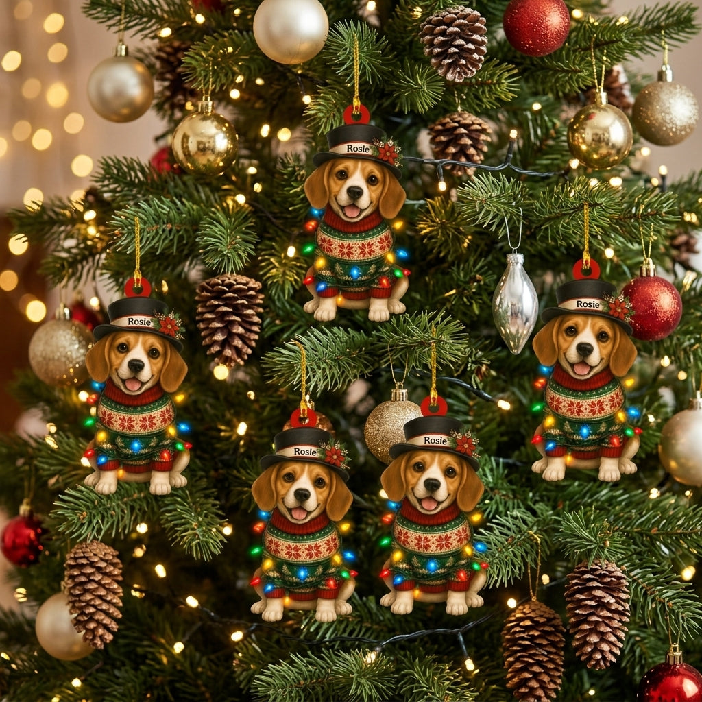 Personalized Cute Sitting Beagle Dog with Snowman Hat Wood & Acrylic Ornament – Holiday Gift - mockup 3