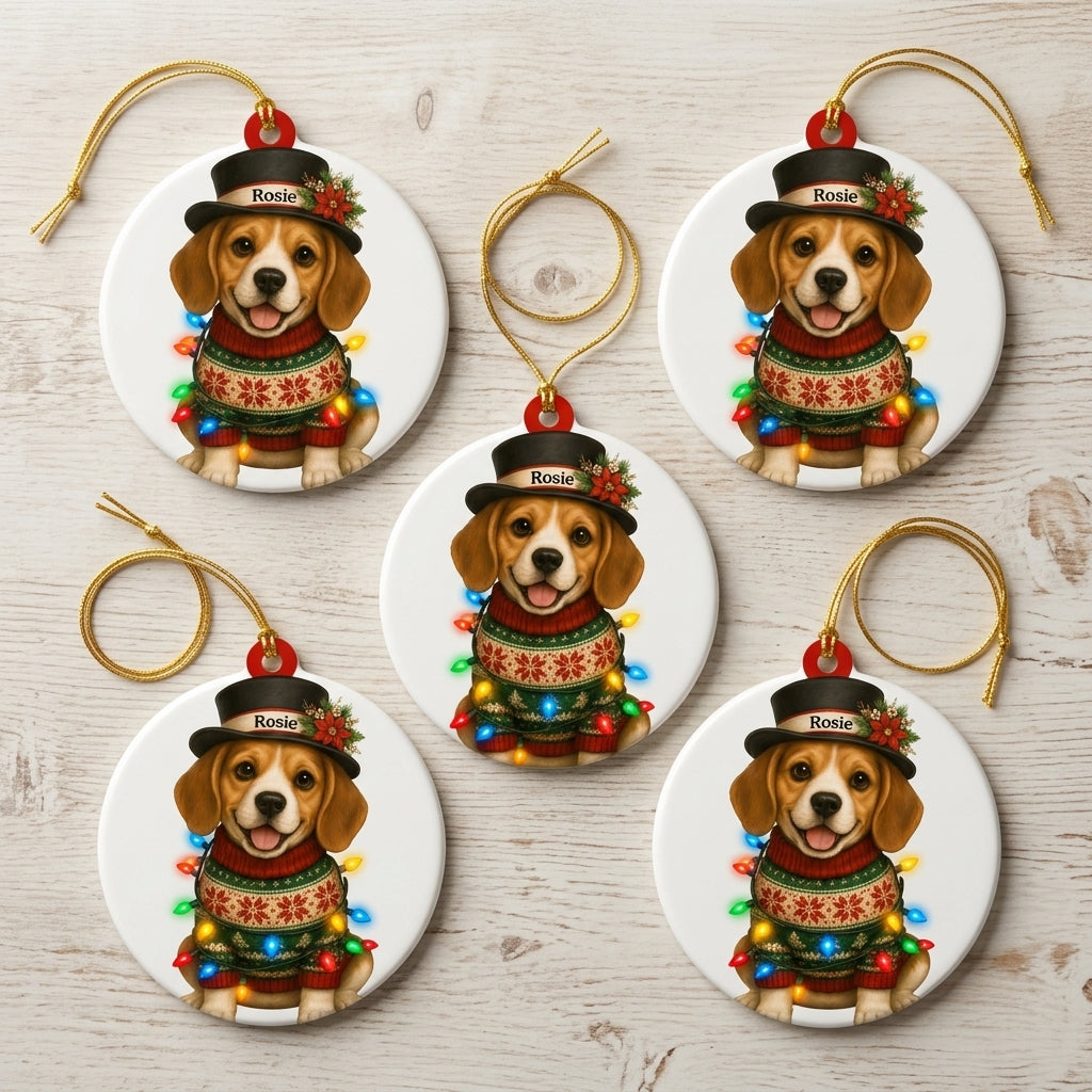 Personalized Cute Sitting Beagle Dog with Snowman Hat Wood & Acrylic Ornament – Holiday Gift - mockup 4