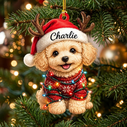 Personalized Cute Sitting Poodle Dog with Santa Hat Wood & Acrylic Ornament - mockup 1