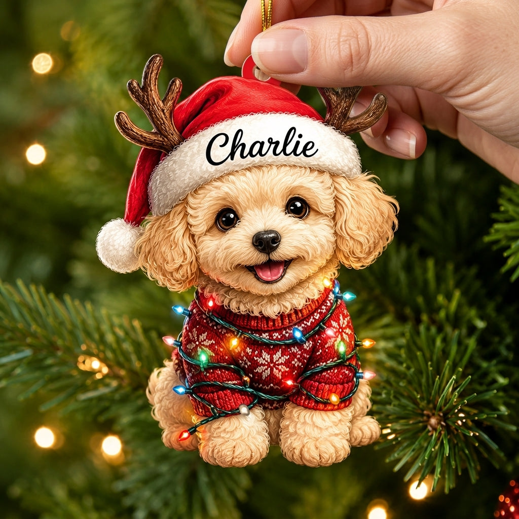 Personalized Cute Sitting Poodle Dog with Santa Hat Wood & Acrylic Ornament - mockup 2