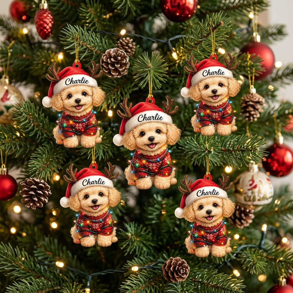 Personalized Cute Sitting Poodle Dog with Santa Hat Wood & Acrylic Ornament - mockup 3