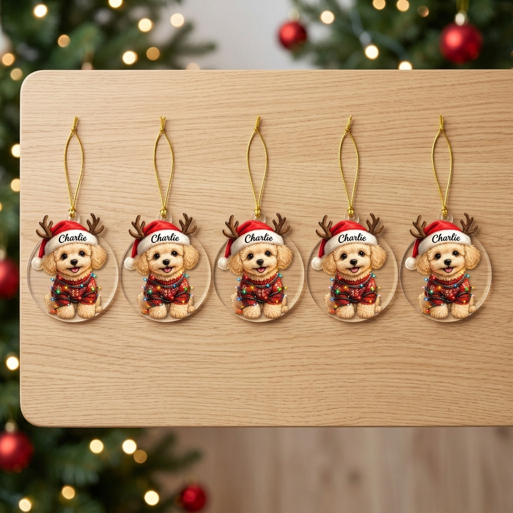 Personalized Cute Sitting Poodle Dog with Santa Hat Wood & Acrylic Ornament - mockup 4