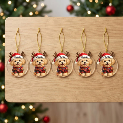Personalized Cute Sitting Poodle Dog with Santa Hat Wood & Acrylic Ornament - mockup 4