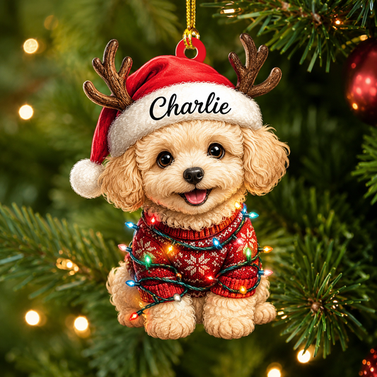 Personalized Poodle Christmas Ornament, Custom Cute Sitting Dog Xmas, Poodle Dog Keepsake, Christmas Tree Hanging Decor, 2D Flat Ornament