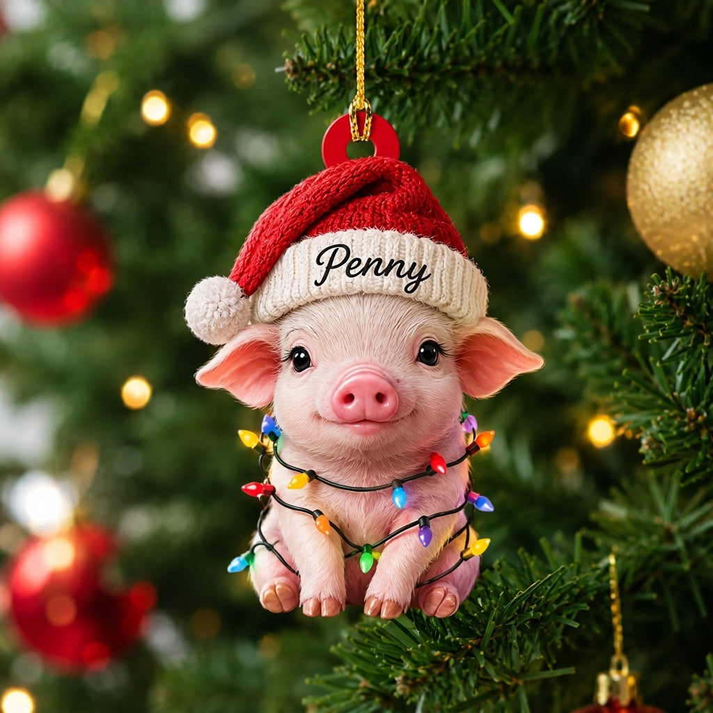 Personalized Smiling Pig Christmas Wood & Acrylic Ornament – Custom Holiday Gift - mockup 1