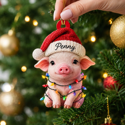 Personalized Smiling Pig Christmas Wood & Acrylic Ornament – Custom Holiday Gift - mockup 2