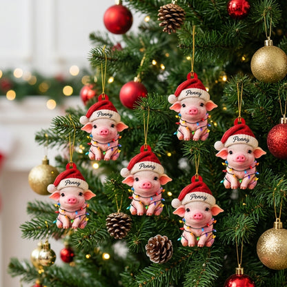 Personalized Smiling Pig Christmas Wood & Acrylic Ornament – Custom Holiday Gift - mockup 3