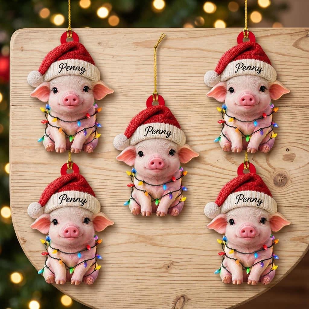 Personalized Smiling Pig Christmas Wood & Acrylic Ornament – Custom Holiday Gift - mockup 4