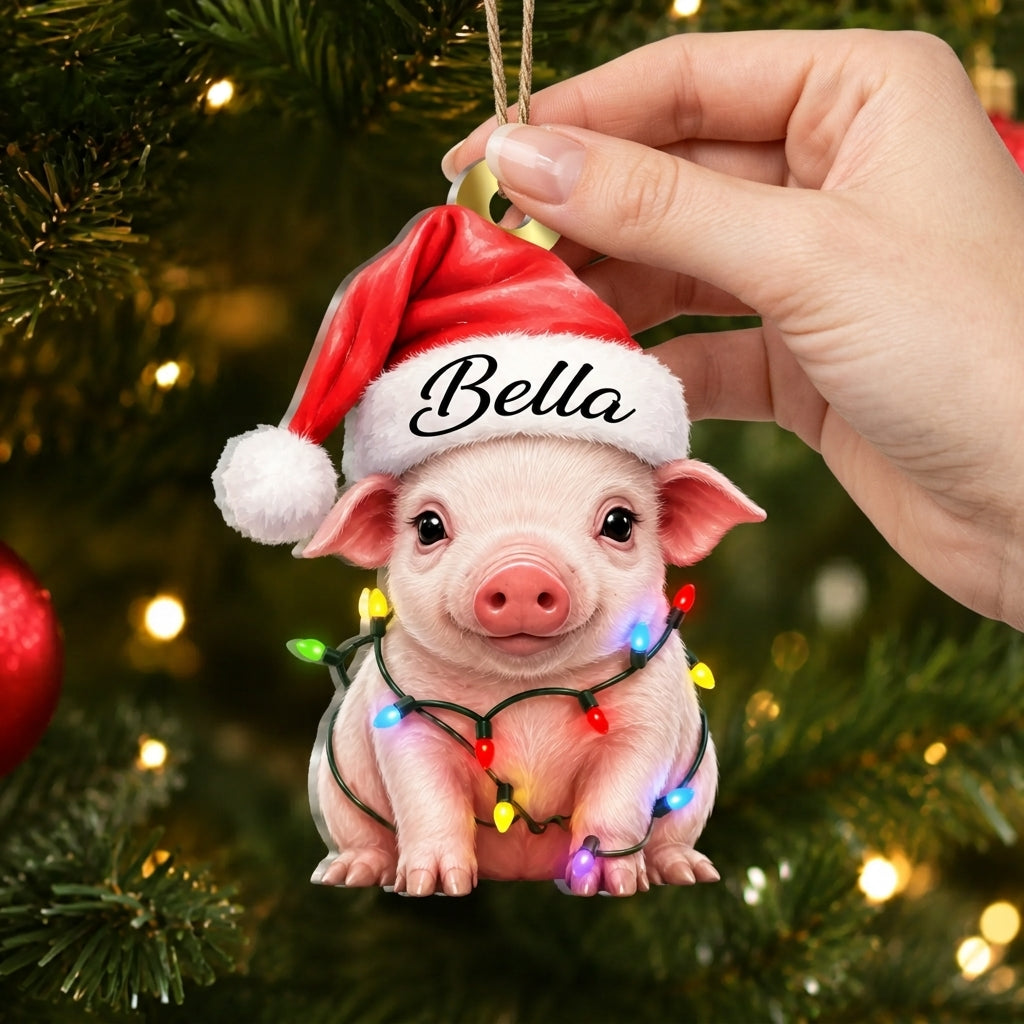 Personalized Cute Pig with Santa Hat Wood & Acrylic Ornament – Christmas Keepsake - mockup 2