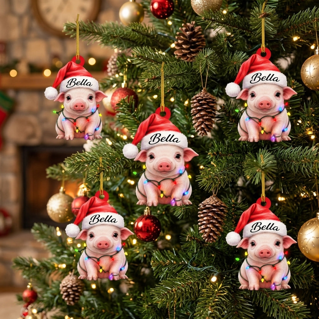 Personalized Cute Pig with Santa Hat Wood & Acrylic Ornament – Christmas Keepsake - mockup 3