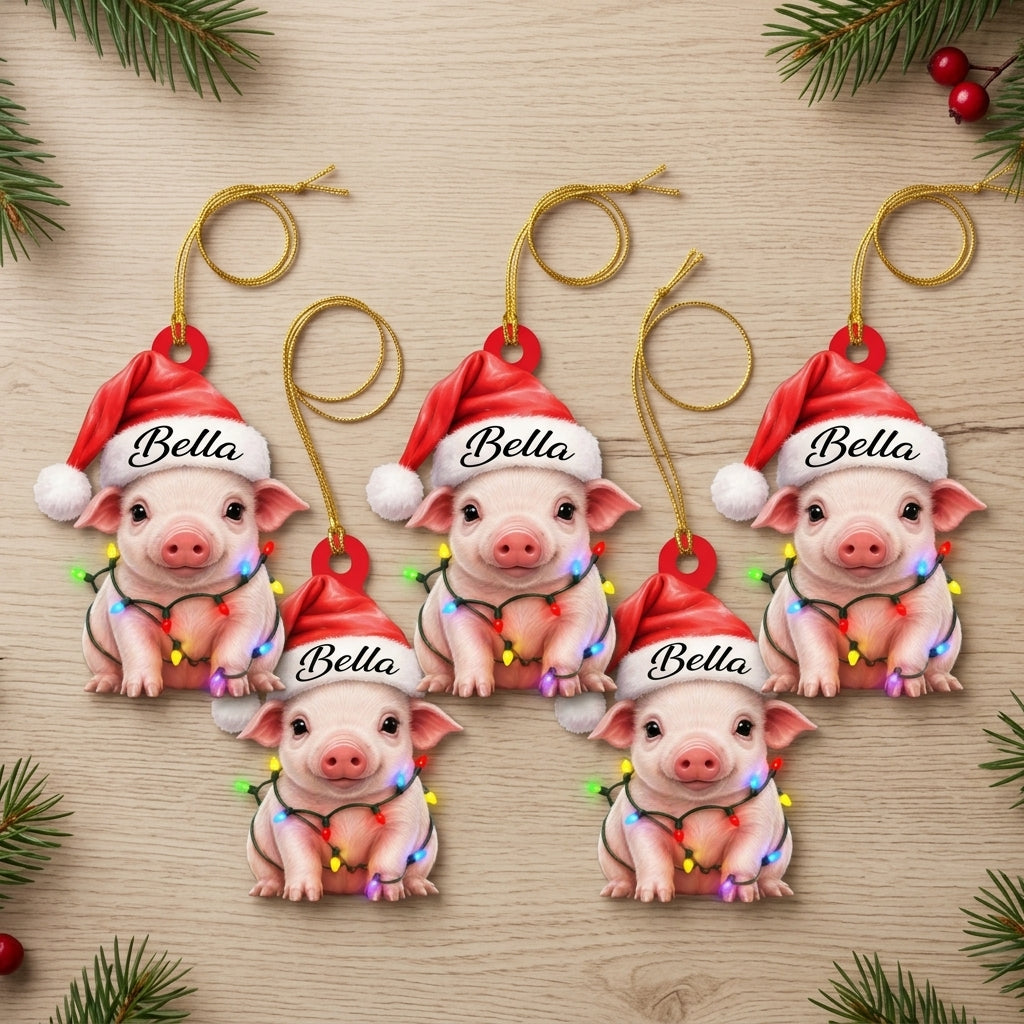 Personalized Cute Pig with Santa Hat Wood & Acrylic Ornament – Christmas Keepsake - mockup 4
