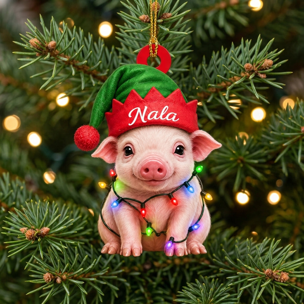 Personalized Cute Pig with Elf Hat Wood & Acrylic Ornament – Festive Holiday Keepsake - mockup 1