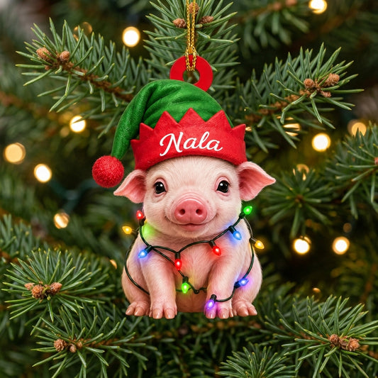 Personalized Cute Pig with Elf Hat Wood & Acrylic Ornament – Festive Holiday Keepsake - mockup 1