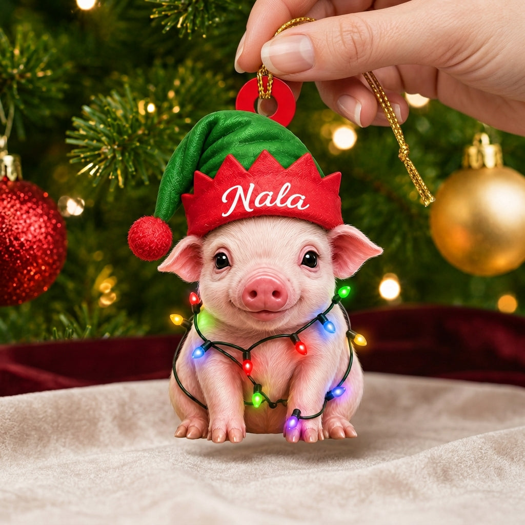 Personalized Cute Pig with Elf Hat Wood & Acrylic Ornament – Festive Holiday Keepsake - mockup 2