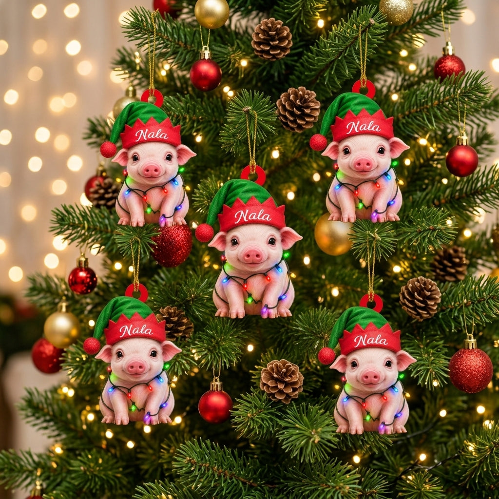 Personalized Cute Pig with Elf Hat Wood & Acrylic Ornament – Festive Holiday Keepsake - mockup 3