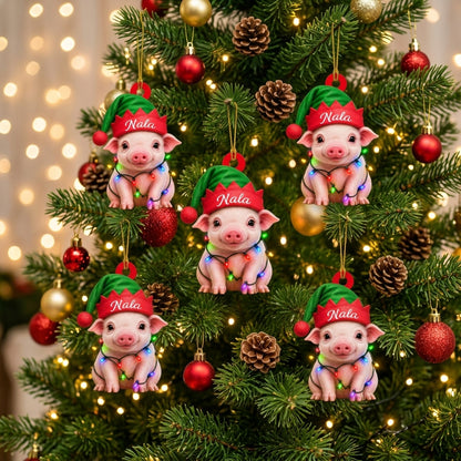 Personalized Cute Pig with Elf Hat Wood & Acrylic Ornament – Festive Holiday Keepsake - mockup 3
