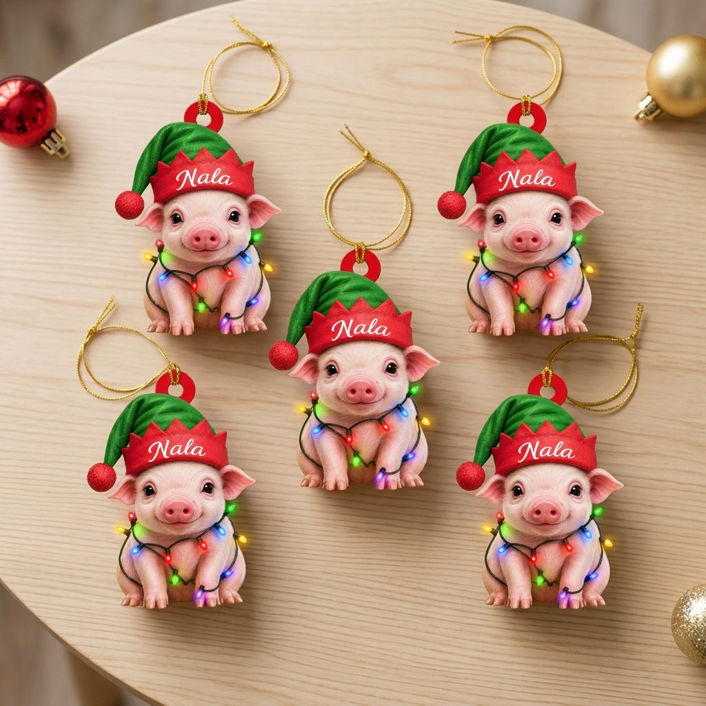 Personalized Cute Pig with Elf Hat Wood & Acrylic Ornament – Festive Holiday Keepsake - mockup 4