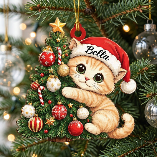 Personalized Cute Cat Christmas Tree Wood & Acrylic Ornament – Holiday Gift for Pet Lovers - mockup 1