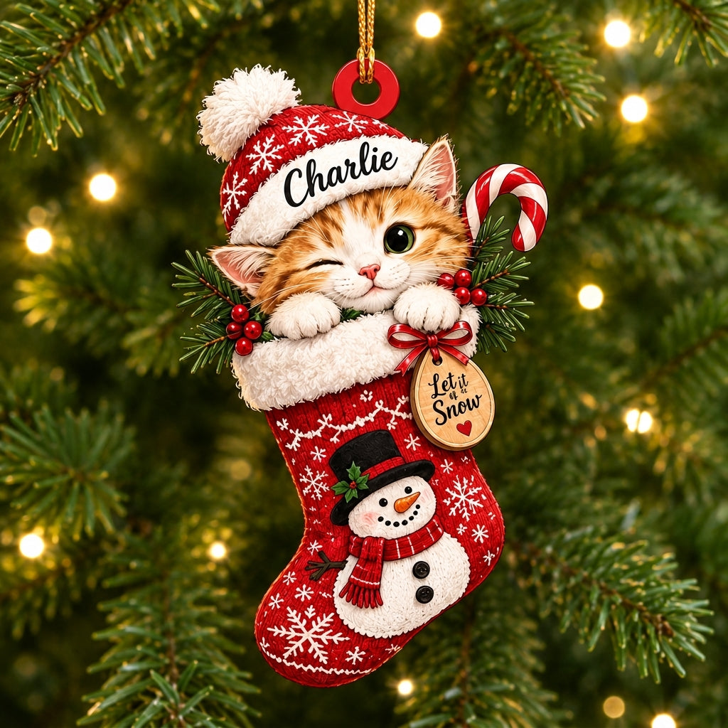 Personalized Christmas Kitty Cat in Snowman Stocking Wood & Acrylic Ornament – Custom Pet Gift - mockup 1