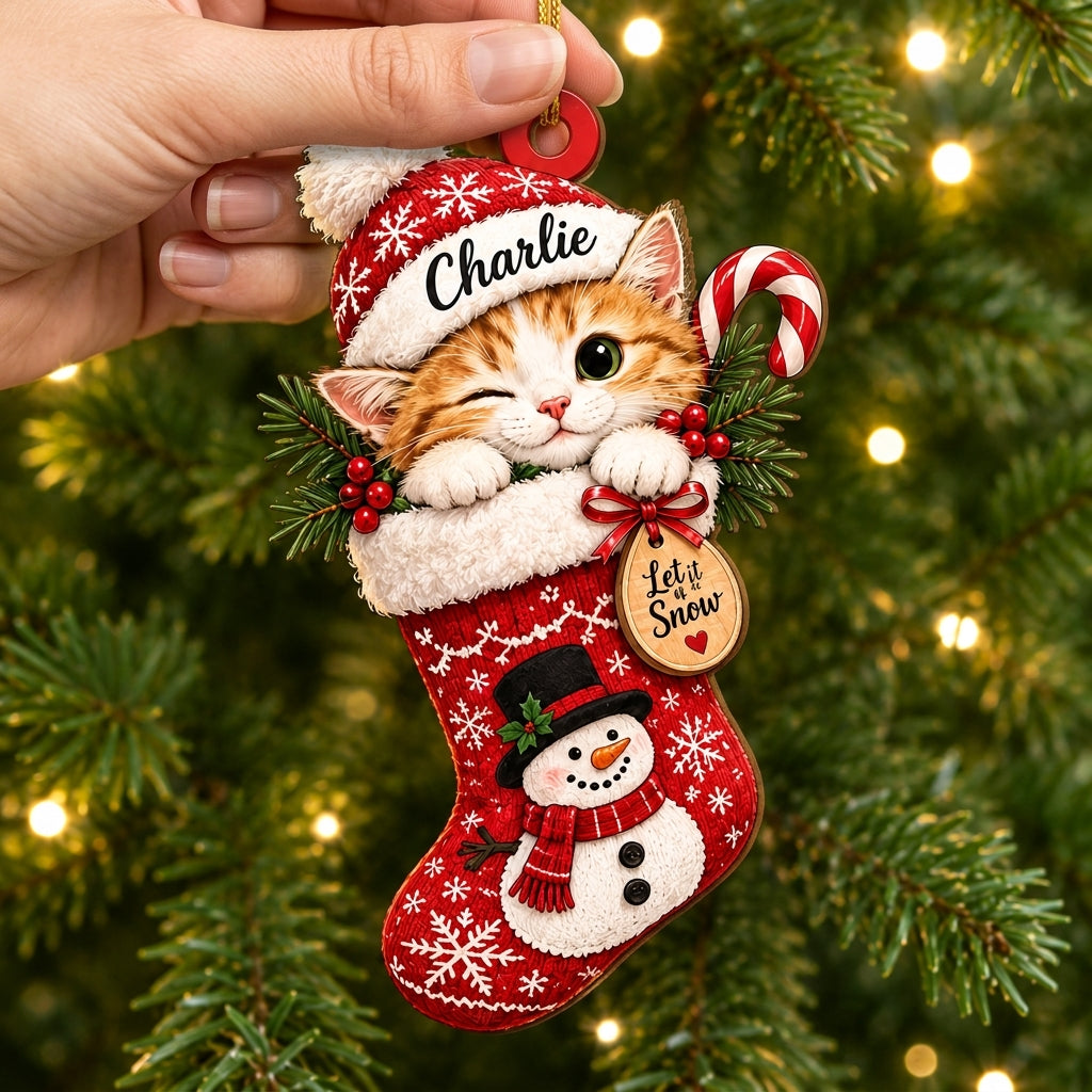 Personalized Christmas Kitty Cat in Snowman Stocking Wood & Acrylic Ornament – Custom Pet Gift - mockup 2