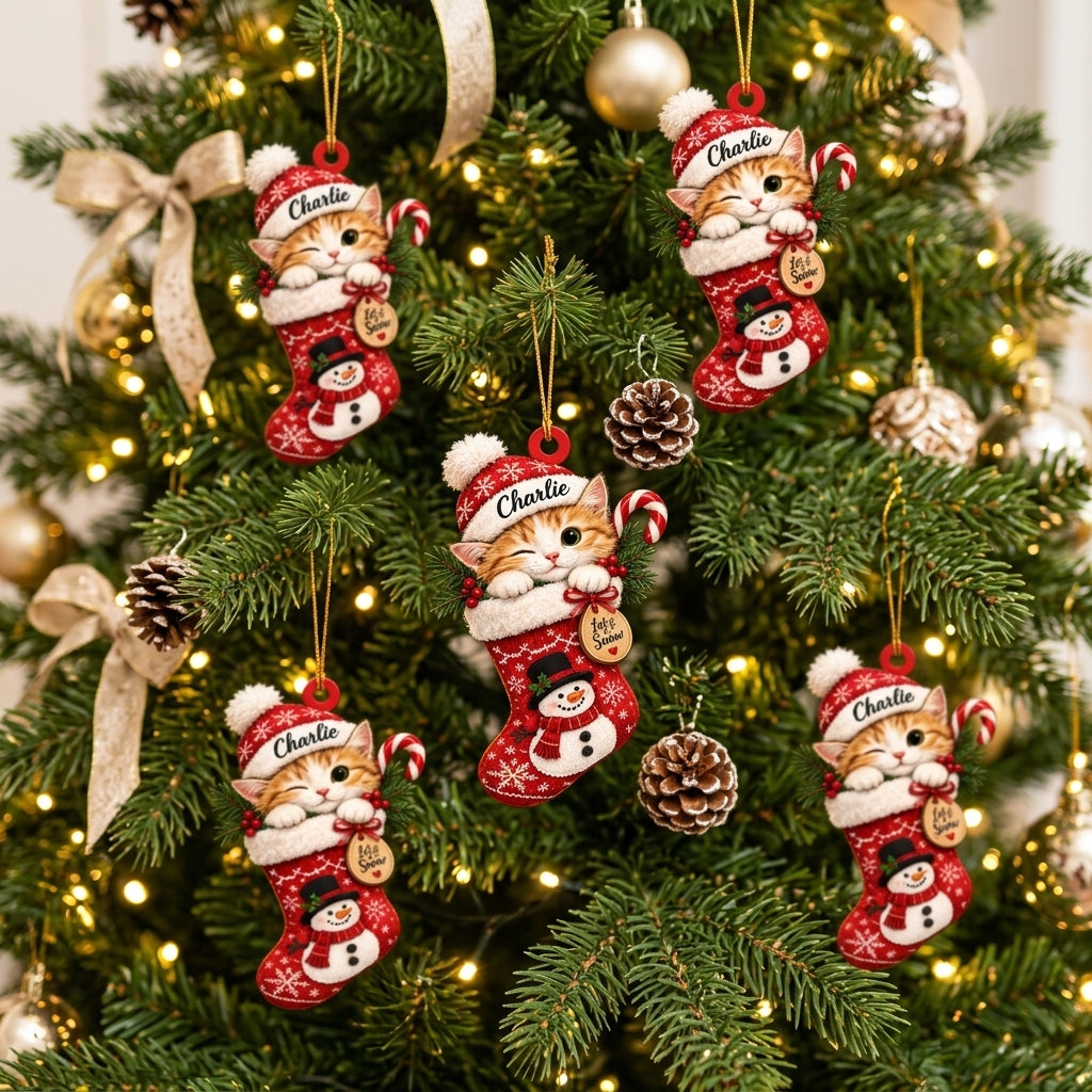 Personalized Christmas Kitty Cat in Snowman Stocking Wood & Acrylic Ornament – Custom Pet Gift - mockup 3