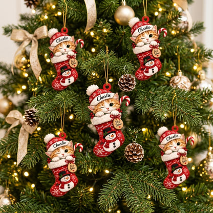 Personalized Christmas Kitty Cat in Snowman Stocking Wood & Acrylic Ornament – Custom Pet Gift - mockup 3