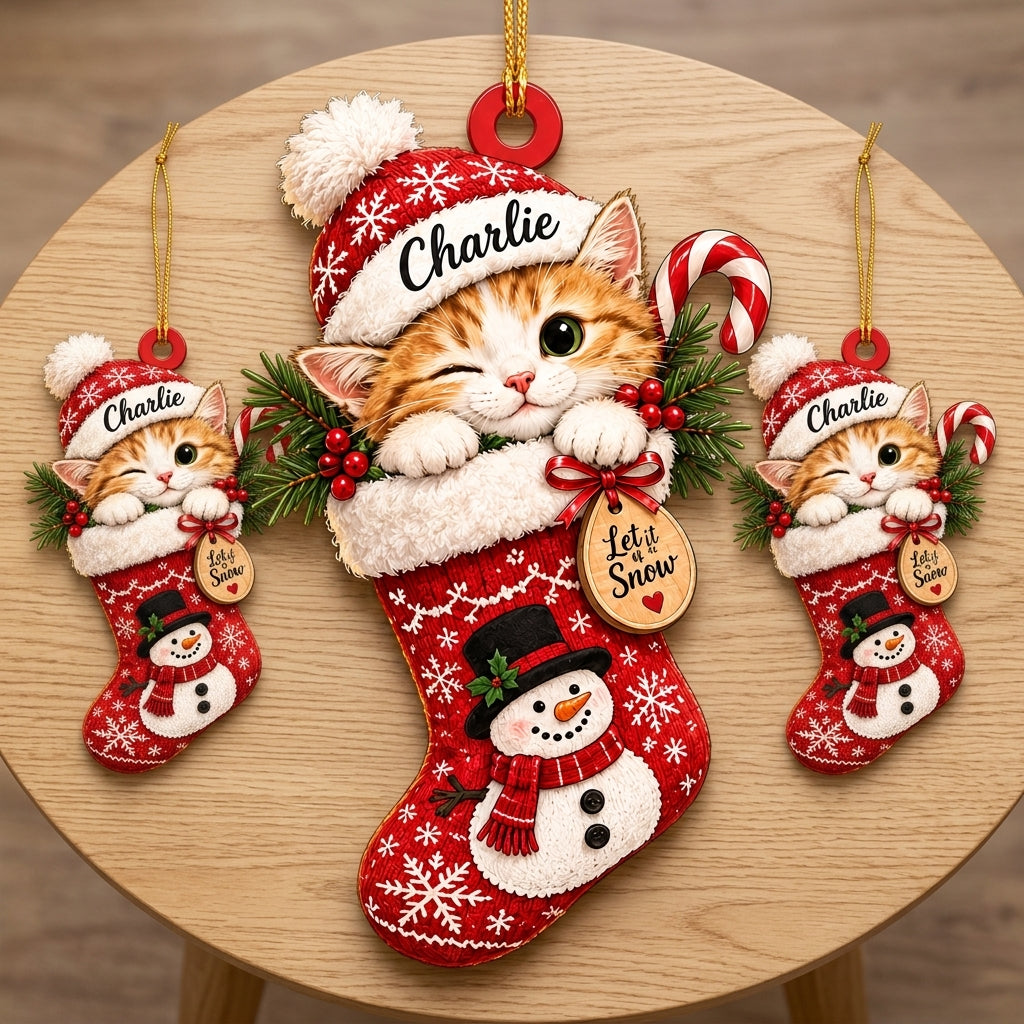 Personalized Christmas Kitty Cat in Snowman Stocking Wood & Acrylic Ornament – Custom Pet Gift - mockup 4