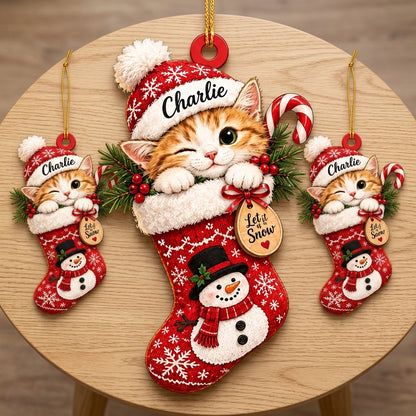 Personalized Christmas Kitty Cat in Snowman Stocking Wood & Acrylic Ornament – Custom Pet Gift - mockup 4