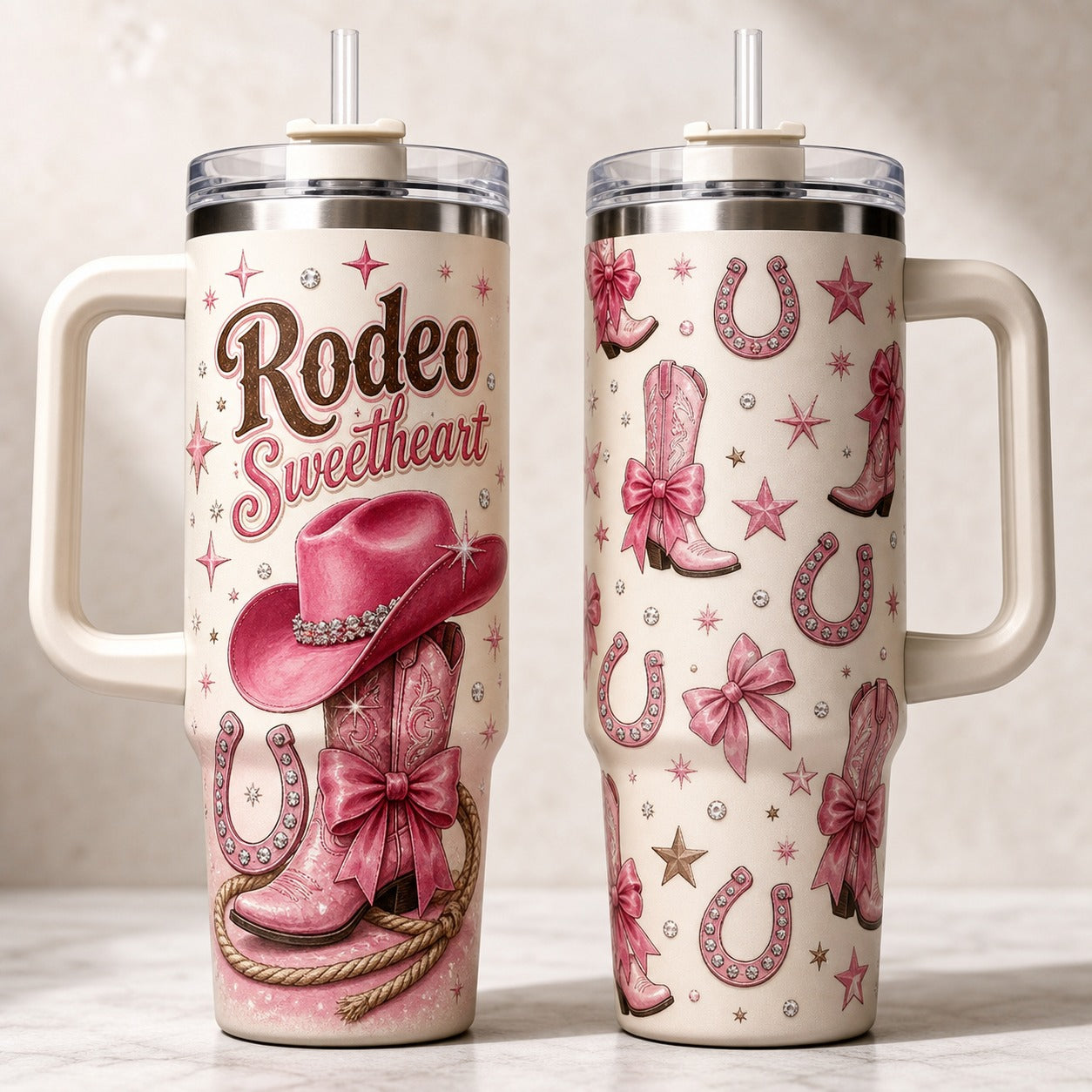 Rodeo Sweetheart 40oz Tumbler with Handle - Western Cowgirl Pink Cowgirl Retro Rodeo Cup