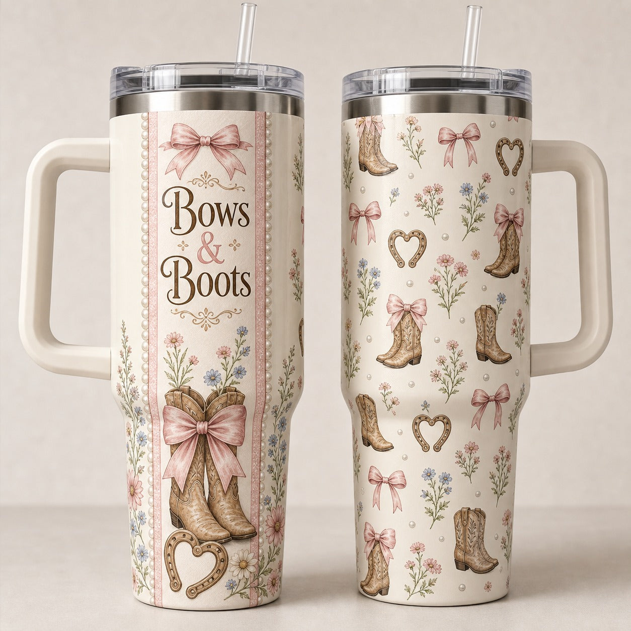 Bows & Boots 40oz Tumbler with Handle - Western Cowgirl Western Coquette Cowgirl Cup