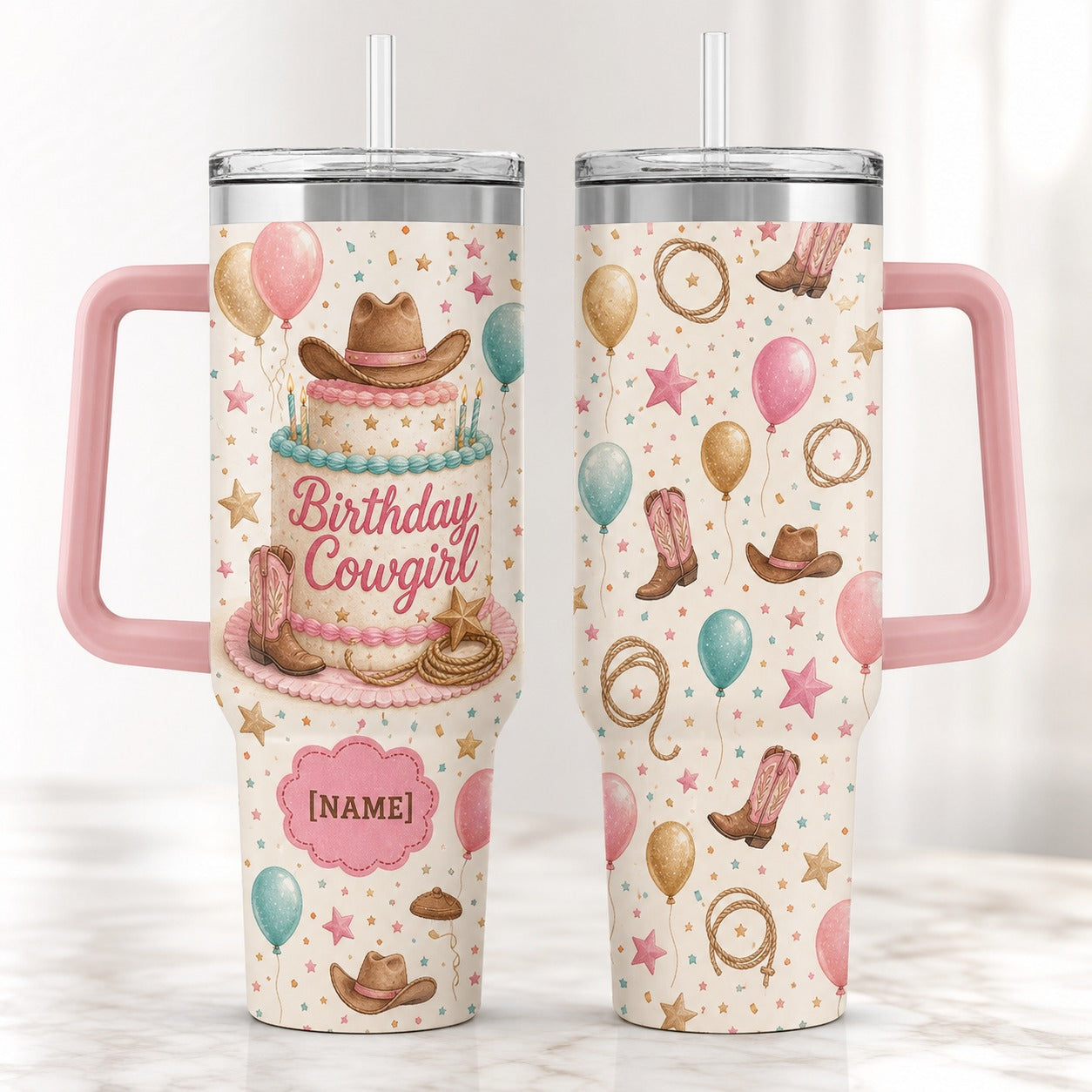 Birthday Cowgirl 40oz Tumbler with Handle - Western Cowgirl Cowgirl Birthday Rodeo Party Cup